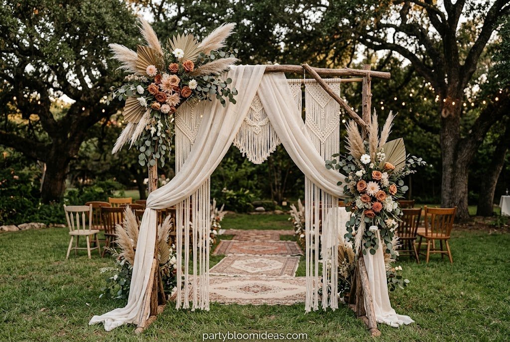 Outdoor boho ceremony arch decorated with dried florals, eucalyptus garland, and natural wooden frame.