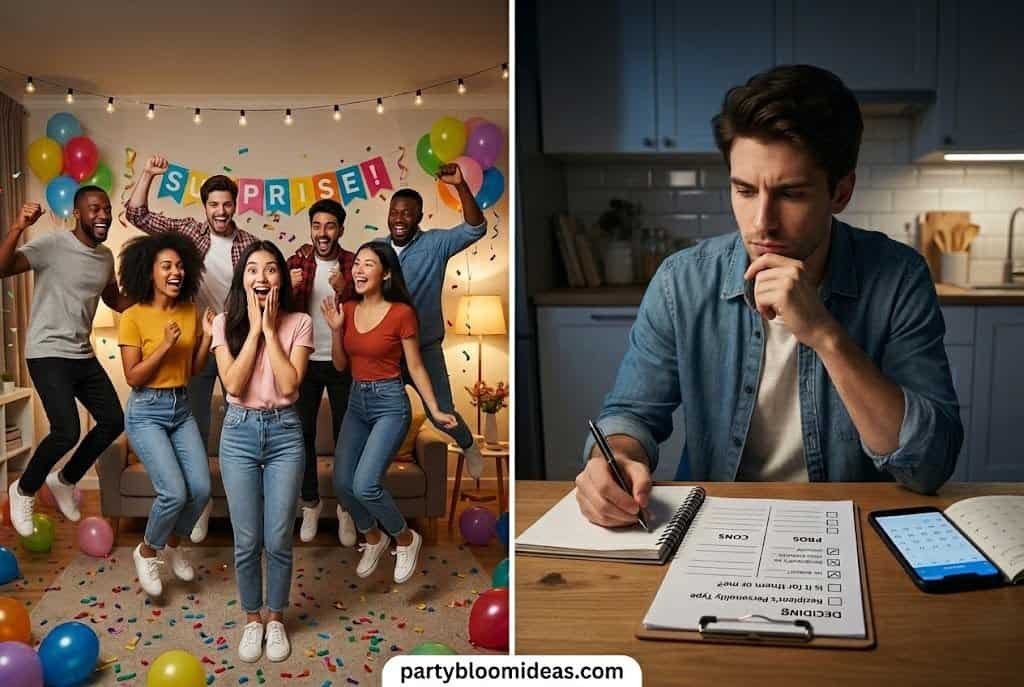 "A surprise party on the left and a man planning on the right. partybloomideas.com."