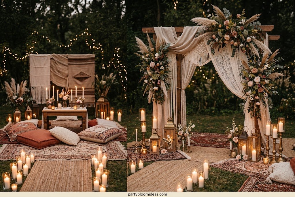 Romantic candlelight corner with pillar candles, wooden tray, mirrors, and dried flower petals for boho celebrations.