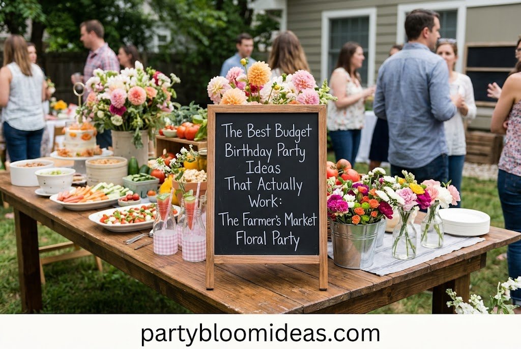 Birthday party table decorated with fresh flowers, candles, and natural floral arrangements on a budget.