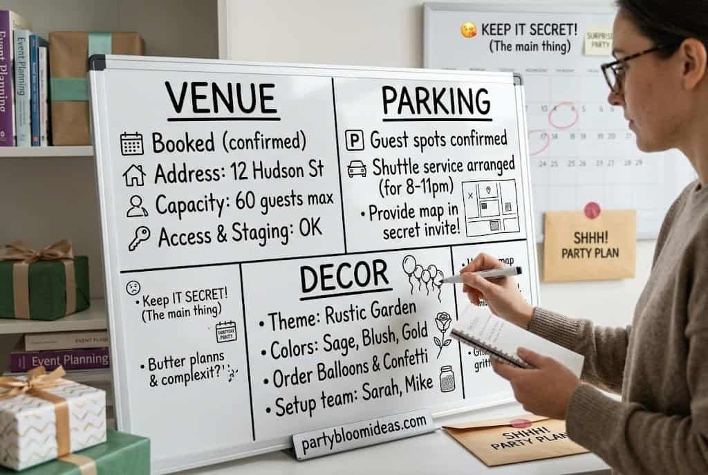 Whiteboard showing surprise party plans for venue, parking, and decor, with "partybloomideas.com" at the bottom.