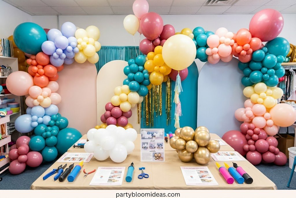 Balloon clusters made with different colored balloons for an organic balloon arch.How to Make a DIY Balloon Arch step-by-step tutorial