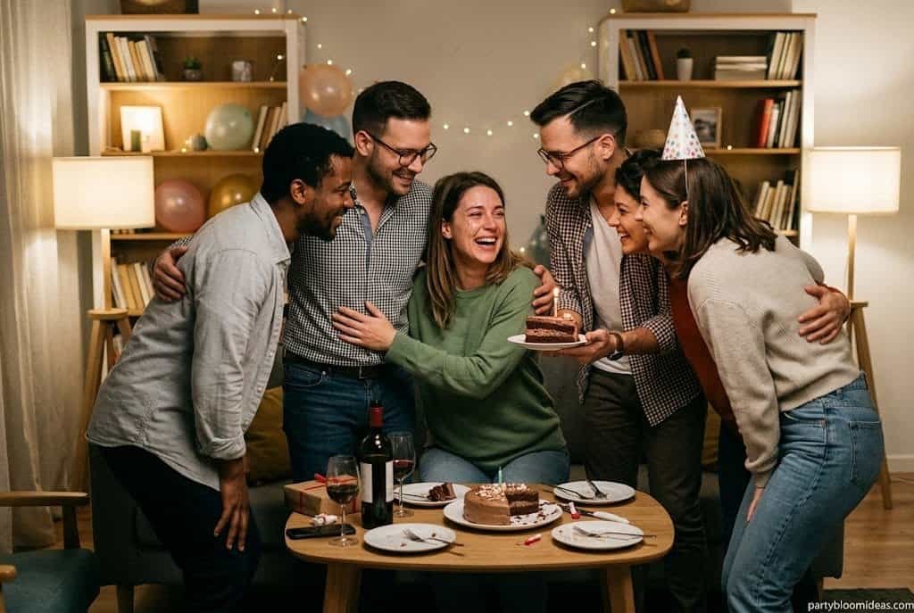 "Five friends celebrating an intimate surprise birthday party with cake. Text: partybloomideas.com"