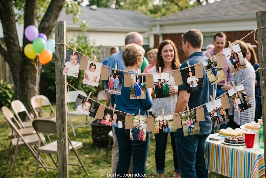 Birthday photo display featuring memorable pictures and milestone moments arranged as party décor.