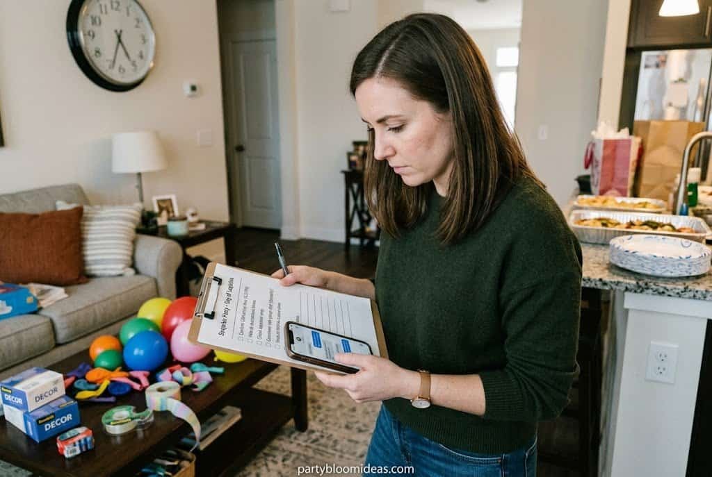 Woman managing surprise party logistics with a clipboard and phone. (partybloomideas.com)How to Throw a Surprise Party