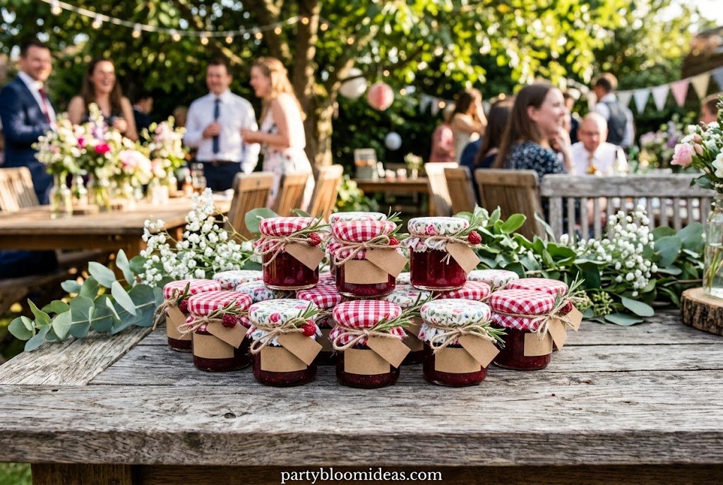 Mini mason jars filled with homemade fruit jam decorated with fabric covers and twine for party favors Best Party Favor Ideas