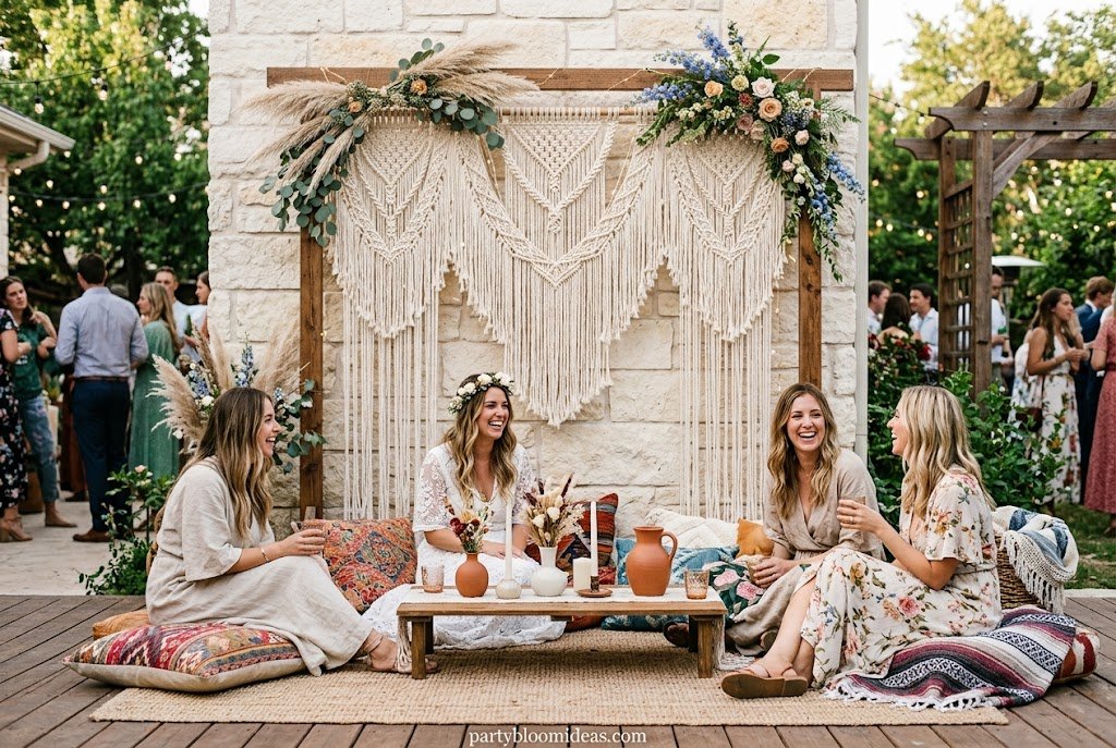 Elegant macramé wall backdrop decorated with pampas grass, candles, and terracotta planters for a boho party.