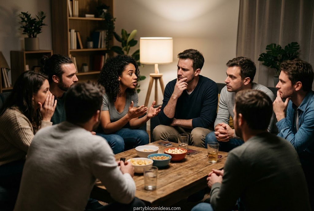 Friends playing Werewolf party game during an evening gathering.