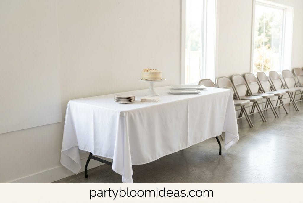 White dessert table with neatly arranged tablecloth and party decorations ready for styling