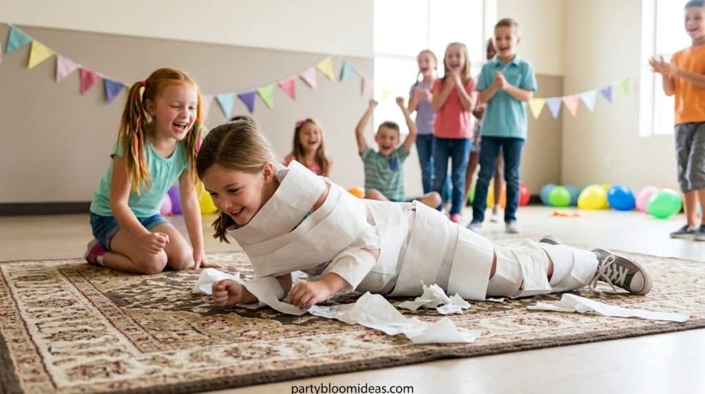 Kid wrapped in toilet paper trying to escape during party challenge