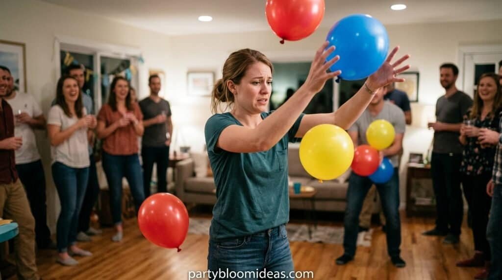Player keeping multiple balloons in the air during Minute to Win It game