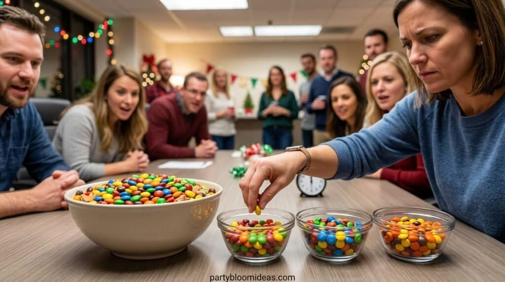 Sorting candies into separate bowls during party competition