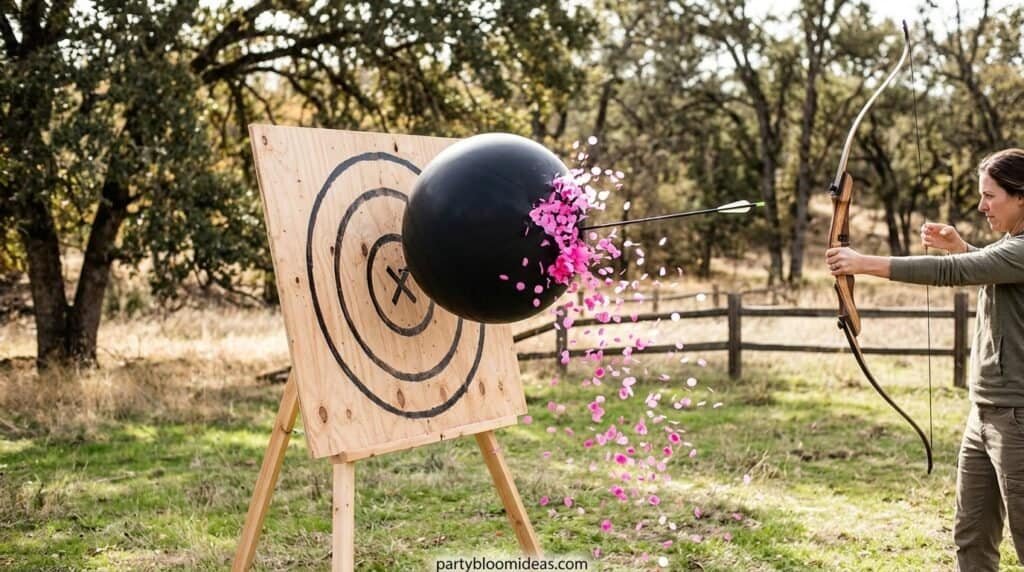 Woman practicing archery with a bow and arrow hitting a bomb target outdoors.