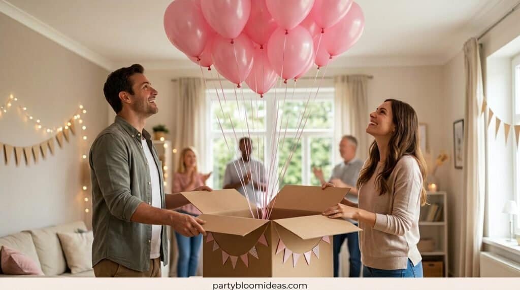 Celebrating with pink balloons and friends in a cozy living room.