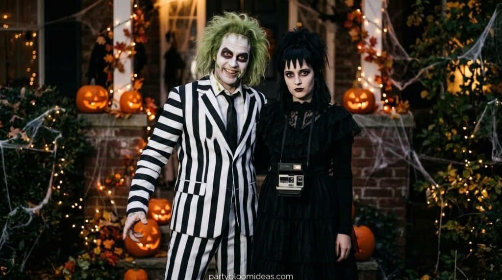Costumed individuals dressed as Beetlejuice and Wednesday Addams at a Halloween celebration.