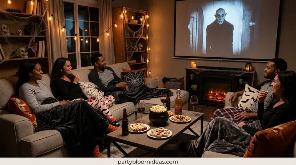 Cozy Halloween movie night with blankets, string lights, popcorn bar, candles, and horror films.