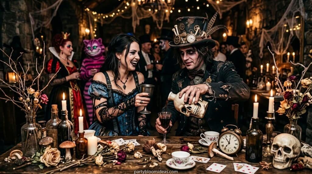 Elegant gothic Halloween party with costumed guests and spooky decor.