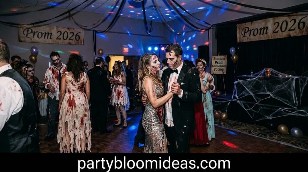 Students dancing at Prom 2026 with Halloween-themed decorations and spooky lighting.