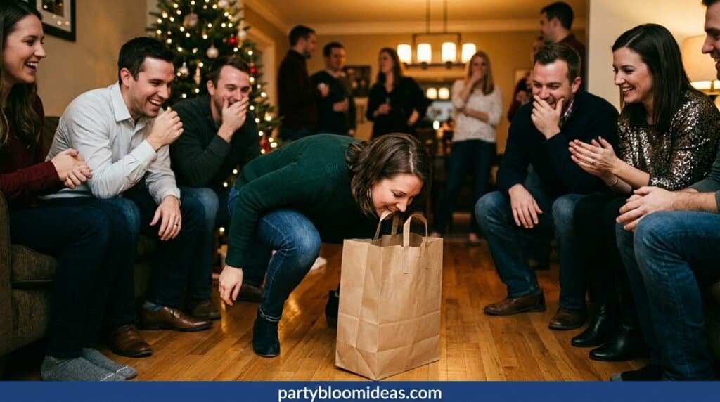 Adult picking up a paper bag with teeth during party challenge