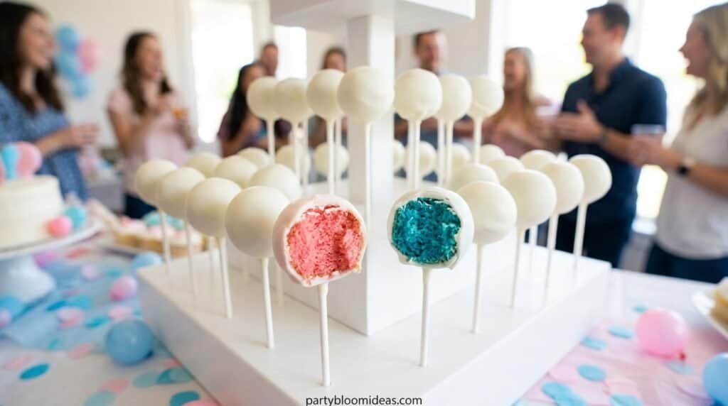 Colorful cake pops for celebration with guests in the background.