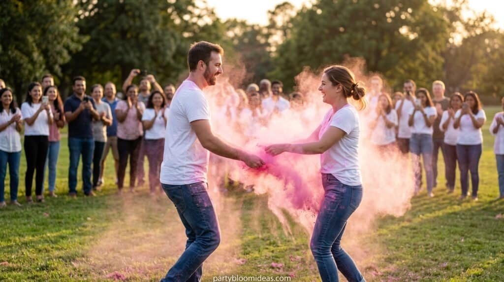 People enjoying a vibrant color powder fight outdoors during a celebration.