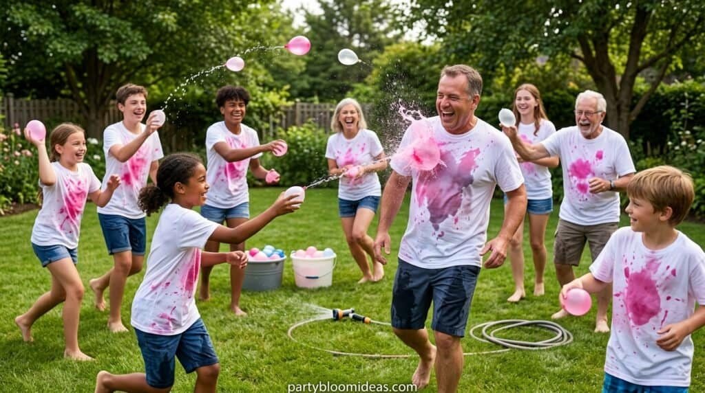Happy family and kids playing with water balloons in backyard during summer outdoor activity.