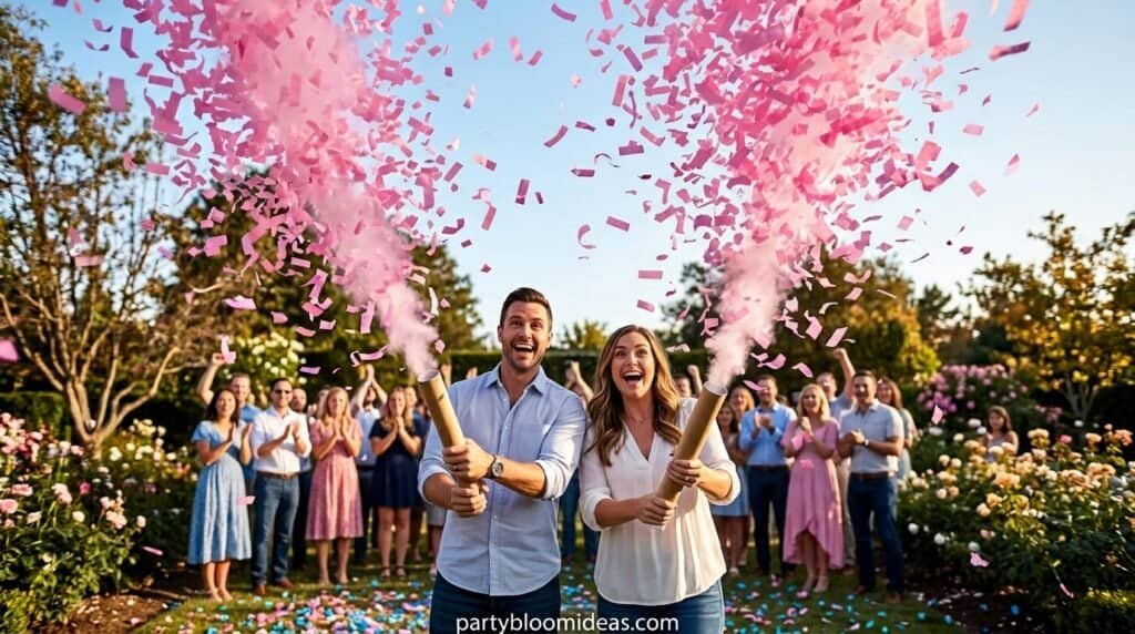 Happy couple with confetti cannons at outdoor celebration, surrounded by friends and colorful decora.