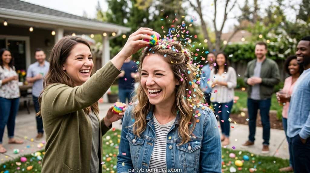 Friends celebrating with confetti and party favors outdoors, joyful party scene.