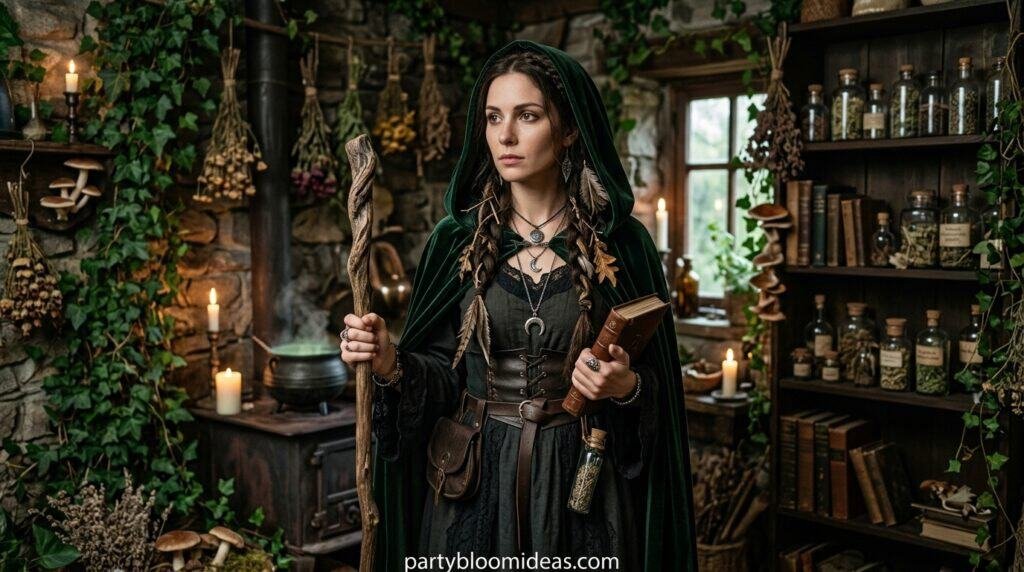Woman dressed as a witch in a potion shop with candles and herbs.