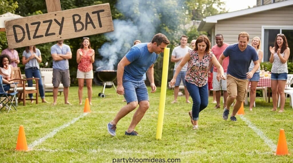 Group participating in a dizzy bat race outdoors during a party or celebration.