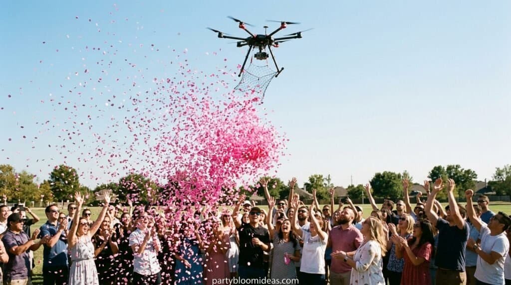 Drone releasing pink confetti at outdoor party event.