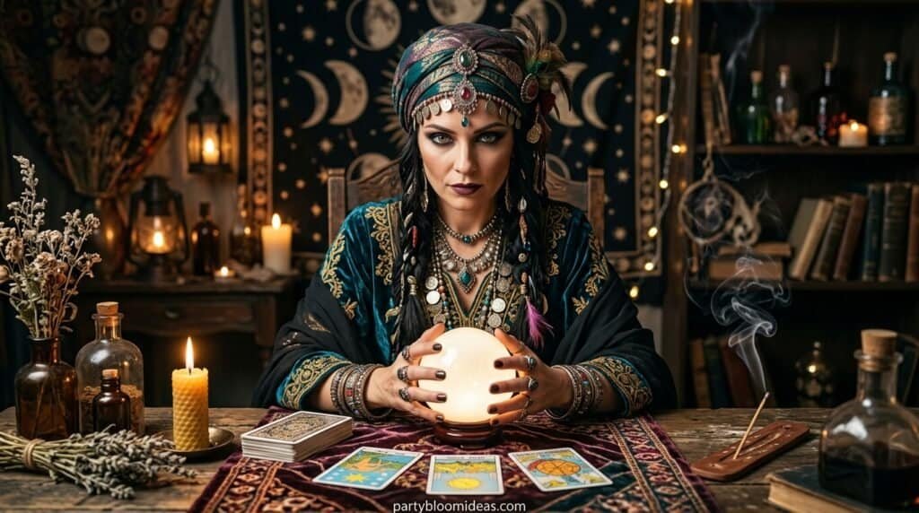 Woman tarot reader with crystal ball in mystical setting, candles, and tarot cards Halloween costume ideas 2026