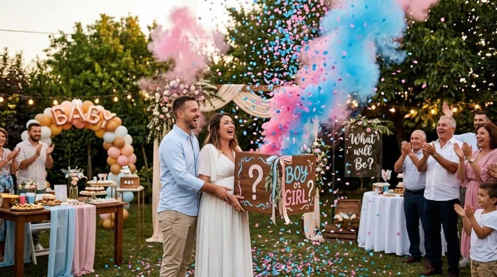Joyful gender reveal party with confetti, balloons, and friends outdoors.
