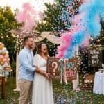Joyful gender reveal party with confetti, balloons, and friends outdoors.