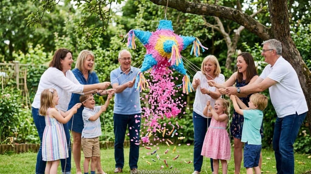 Colorful llama piñata party with family and children outdoors.