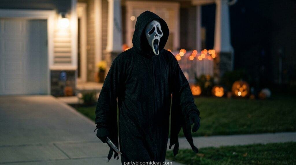 Person dressed as a ghost in a black hooded costume with a scream mask at night.