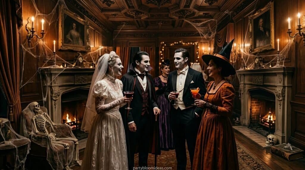Elegant Halloween costume party with guests in vintage and spooky costumes in a luxurious, dimly lit.