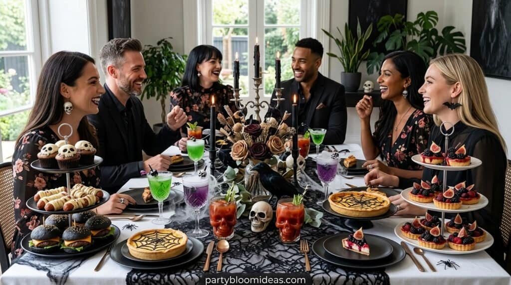 Group of friends celebrating Halloween with spooky treats and decorations at a themed party.