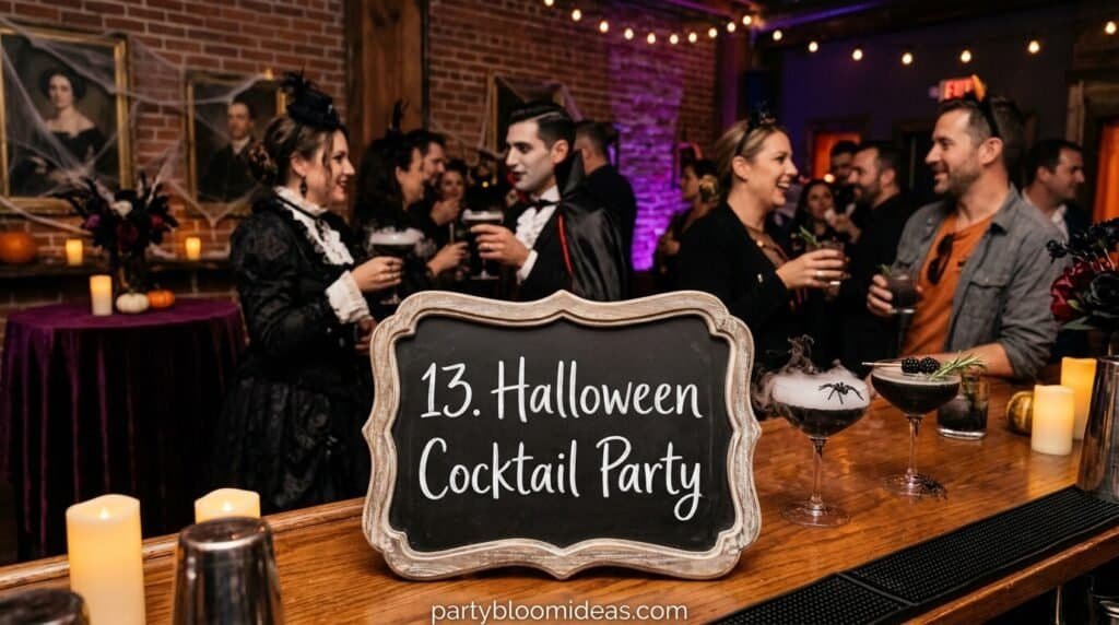 Halloween cocktail party with guests enjoying drinks and festive decorations.