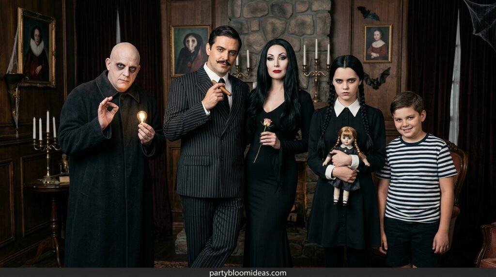 Family dressed in gothic Halloween costumes at spooky themed party.