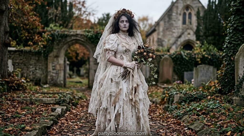 Gothic bride in vintage wedding dress holding a bouquet in a cemetery setting.