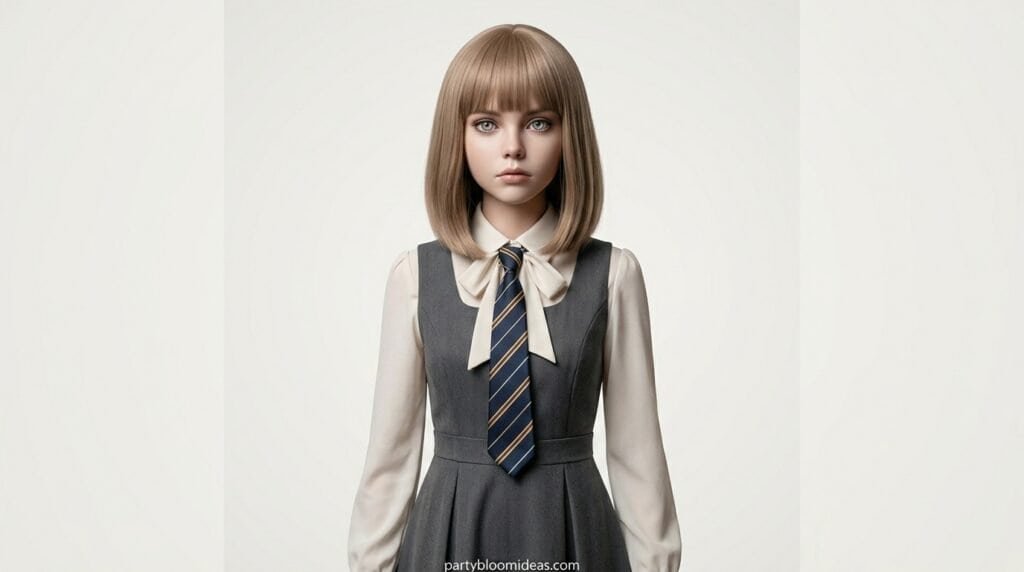 Schoolgirl uniform with tie and beige shirt, perfect for themed parties or costume events.