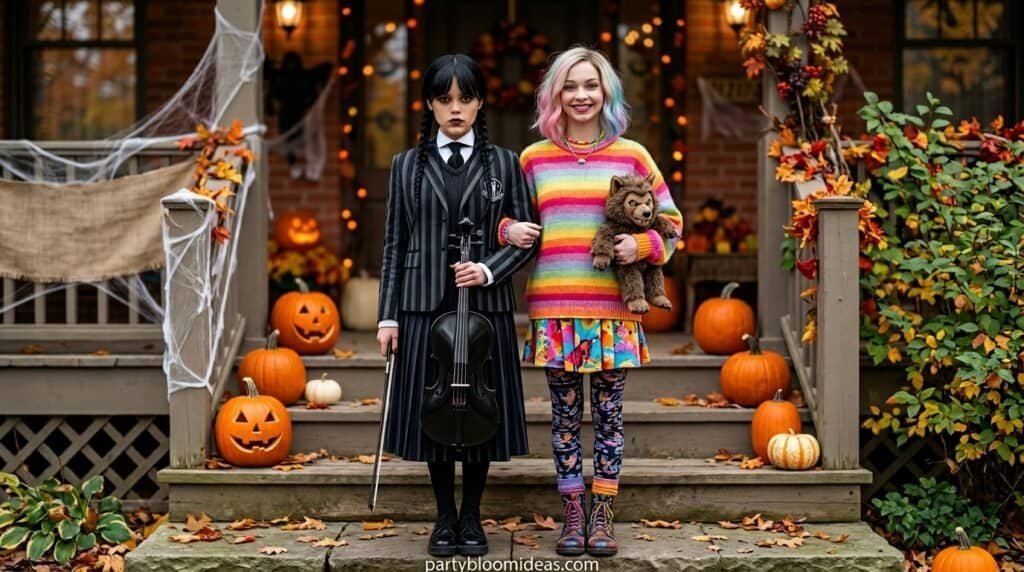 Halloween costumes of two women on porch with pumpkins and autumn decor.