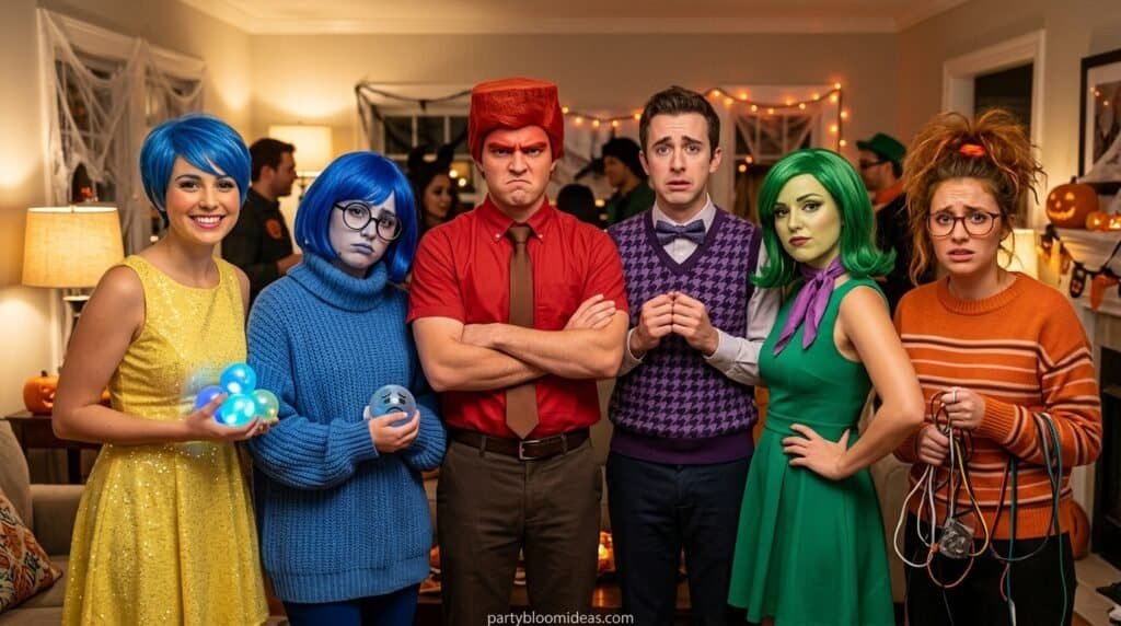 Group of friends in colorful Halloween costumes at a festive party.