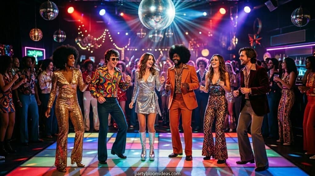 Dance floor with diverse group enjoying a lively party scene.