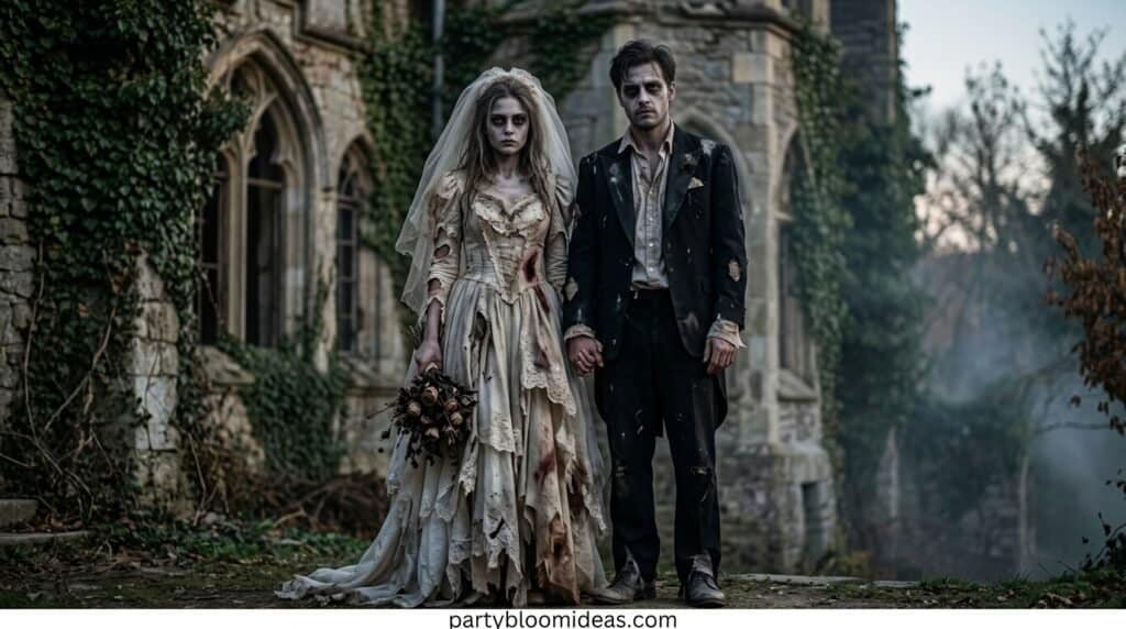 Gothic bride and groom in vintage wedding attire standing outdoors.