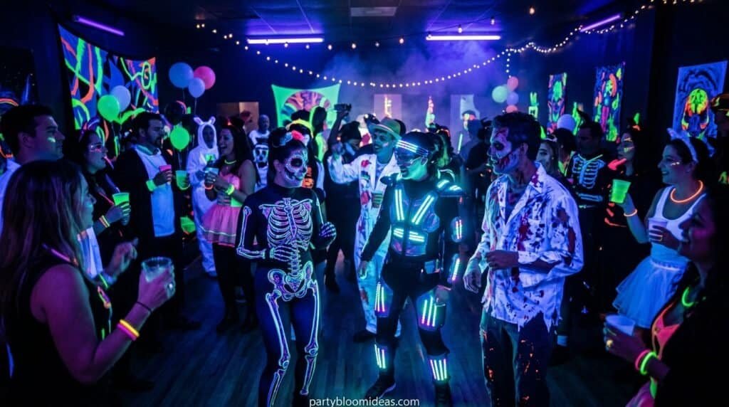Luminous glow-in-the-dark dance party with people in neon costumes and face paint.