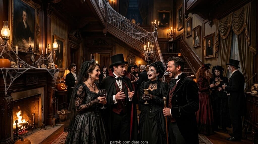 Victorian-themed costume party with guests in elaborate period attire, enjoying drinks in a luxuriou.