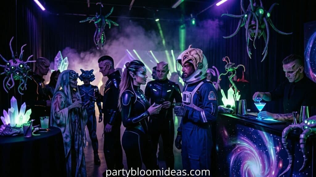 Futuristic sci-fi themed party with cosplayers and glowing decorations.