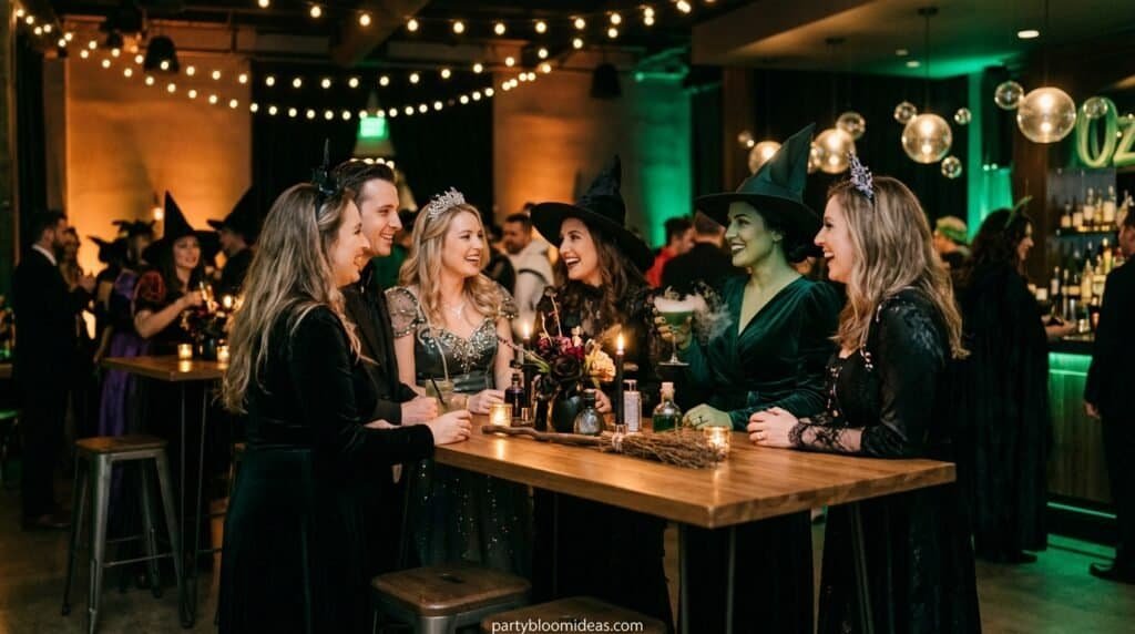 Group of women in witch costumes enjoying Halloween party at decorated venue.